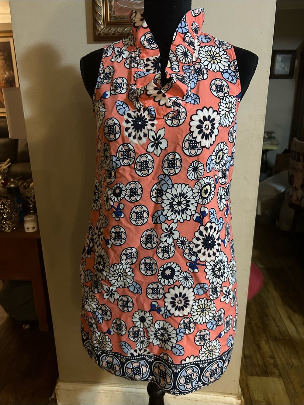 Crown & Ivy Coral Floral Ruffle Neck Sleeveless Dress size pm